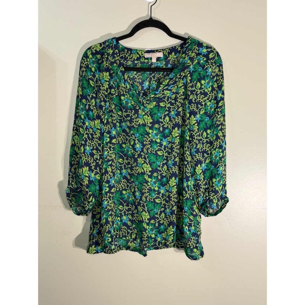 Banana Republic Womens Green Blue Floral V-Neck 3/4 Sleeve Blouse Large L/G